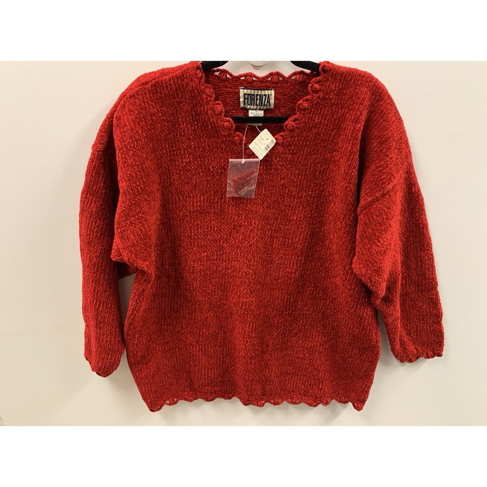 Vintage Forenza Red Chenille Sweater Womens Medium Scalloped Trim Knit NWT